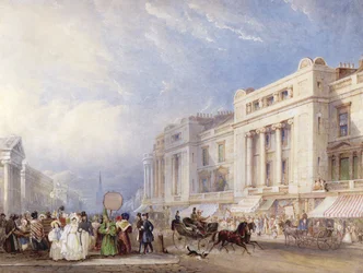 Regent Street, Londen, kijkend naar het Noorden, met Dickins en Jones aan de rechterkant, en de Hanover Chapel aan de linkerkant, 1835
